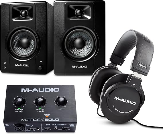 M-Audio Studio Bundle - USB Audio Interface, 3.5" Studio Monitors Pair and Over Ear Studio Headphones for Recording, Gaming, Streaming, Podcasting