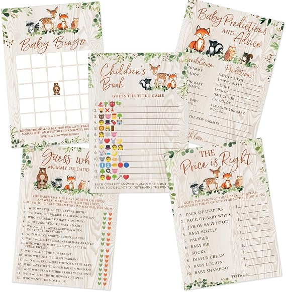 Woodland Baby Shower Game Set - 5 Activities for 50 Guests, Woodland Theme