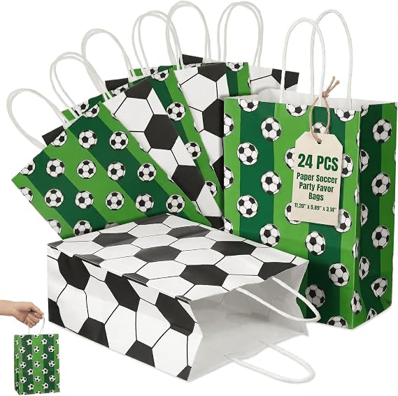 JOINPAYA 24 Pcs Soccer Party Gift Bags with Handles, Paper Football Goodie Bags for Kids Birthday, Sports Themed Treat Favor Bags for Candy Snacks, Game Day Decorations