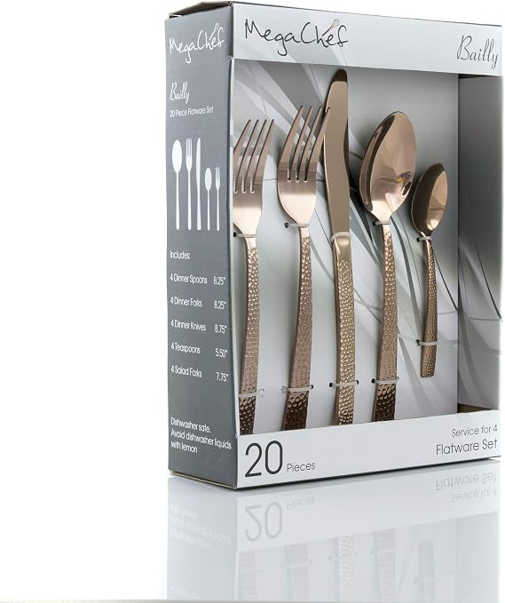 MegaChef Baily 20 Piece Flatware Utensil Set, Stainless Steel Silverware Metal Service for 4 in Rose Gold