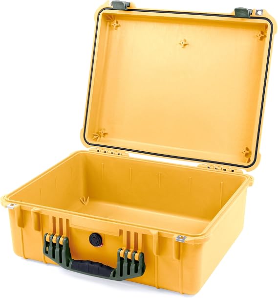 Pelican 1550 Case by ColorCase - Yellow - Medium Size Waterproof Case (Case Only) - OD Green Handles & Latches