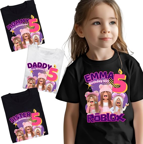 Custom Birthday Family Matching Shirts robux Family Personalized Shirts Robux Characters T-Shirts Video Games t-Shirt, Blocks Girl Shirt Camiseta personalizada de Video Juegos White,Black