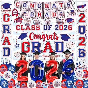 Graduation Decorations 2026 - Red and Blue Graduation Party Supplies Congrats Grad Backdrop & Banner, Hanging Swirls, Porch Sign, Balloons for High School & College Celebrations