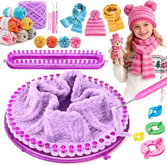 Knitting Loom Kit with Storage Bag, 2 Looms, Yarn, Pom Pom Maker & Crochet Hook, Beginner-Friendly Complete DIY Blanket Scarf Shawl, Christmas Birthday Gifts for Craft Lovers & Beginner, Purple