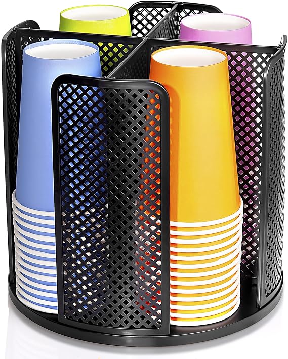 Rotating Paper Cup Dispenser, Cup Holder with 4 Compartments, Black