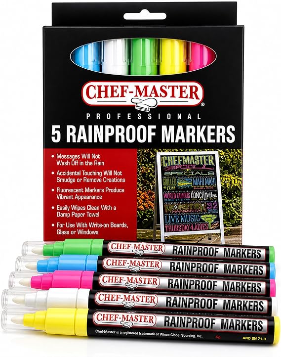 Chef-Master 90032 Waterproof Markers | 5 Different Vibrant Colors | Safe for Use on Outdoor Menu Signs | Smudge-proof & Rainproof Marker Pens | Easily Cleans with a Damp Cloth