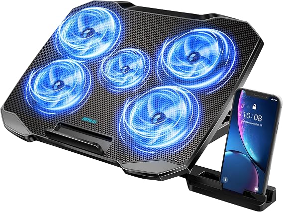 AIMIUZI Laptop Cooler 12-15.6 Inch Laptop Fan Mat Quiet Cooling Pad Cooler Cooling Pad with 5 Quiet Fans 5 Height Adjustable 2 USB Ports 1 Phone Holder (Blue)