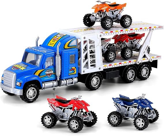 Liberty Imports Auto Hauler Big Rig Toy Semi Truck Car Carrier Transporter Trailer 1:48 Scale Friction Powered Wheeler Vehicle with 4 ATVs Dirt Bike (Assorted Colors)