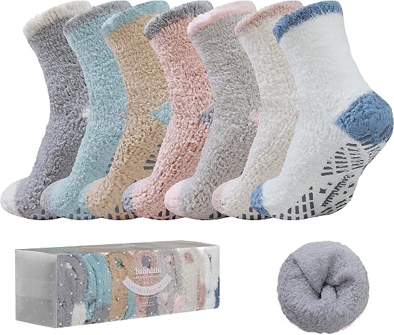 Bulinlulu Fuzzy Socks with Grips Plush Sleep Cozy Winter Soft Hospital Fluffy Socks for Womens Mens Gifts