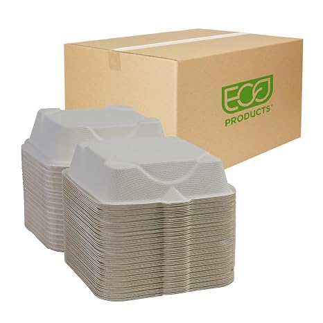 ECO PRODUCTS Compostable 6" Clamshell Sandwich Containers, Case of 500, To Go Food Burger Box, White Renewable Molded Fiber, Microwaveable & Freezable, Grease & Cut Resistant, ASTM Compliant