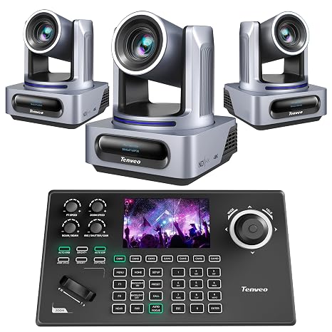 Tenveo 4K NDI PTZ Camera and Controller Bundle/Kit, 4K 20X AI Tracking NDI/SDI/HDMI/USB3.0/LAN/PoE PTZ Camera(3PCS) and NDI PTZ Controller 5-Inch LCD 4D Joystick for Church Live Streaming Conference