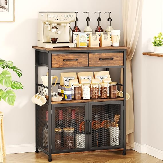 SWTYMIKI Coffee Bar Cabinet with Drawer - Coffee Stand Station with Removable Hooks, Buffet Cabinet for Coffee Maker or Microwave, Kitchen Bar Table Storage Organizer (Espresso, 23.62"x14.96"x31.3")