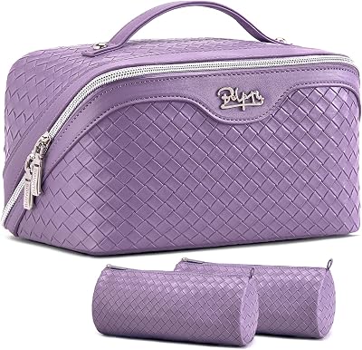 BOYATU Travel Makeup Bag Cosmetic Bags for Women: Large Capacity 3 Pcs Set Make up Bag with Compartments - Waterproof Vegan Leather Toiletry Organizer Bags with Handle L01 Purple