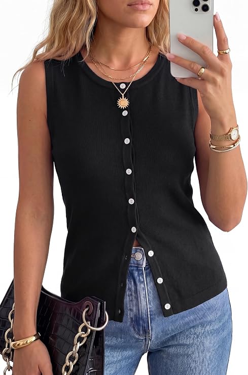 Arach&Cloz Women's Wool Blend Non See Through Button Down Casual Tank Tops | Sleeveless Top, Crew Neck, Fall Outfits, Work to Weekend, Breathable&Soft, Lightweight&Flattering, Comfortable&Stylish