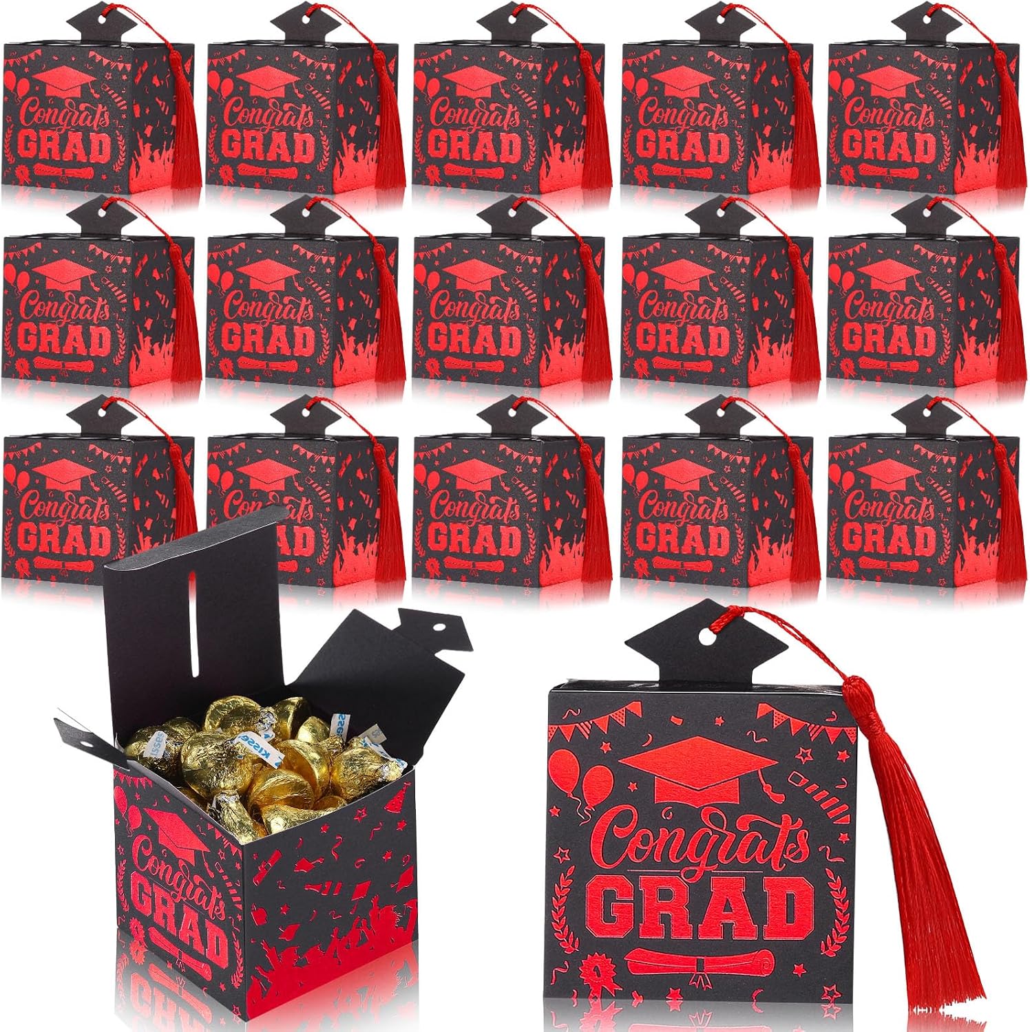 Tenceur 30 Pcs Graduation Cap Gift Box 2024 - Black and Red Party Favors, Centerpieces, Candy Treat Box With Tassel for Decorations, Congrats Grad