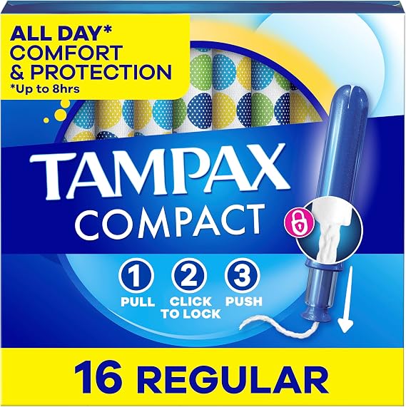 Tampax Compact Pearl Tampons, with LeakGuard Braid & Extendable Applicator, Regular Absorbency, Compact Extendable Applicator, Unscented, 16 Count (Packaging May Vary)