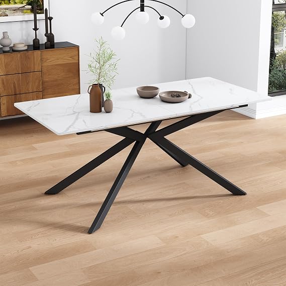ModernLuxe Automatic Extendable Dining Table, Rectangular Kitchen Table with Cross Leg Design and Marble Effect Finish, Black and White, 150–180 x 70 x 75.5 cm