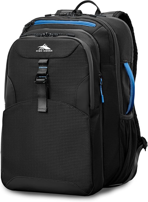 High Sierra Hi-Life 3-in-1 Convertible Backpack - Features Removable Daypack, Stack-It Strap, Adjustable Sternum Strap, Fleeced Pocket For Scratch Protection, Dual Water Bottle Pockets - Black/Blue