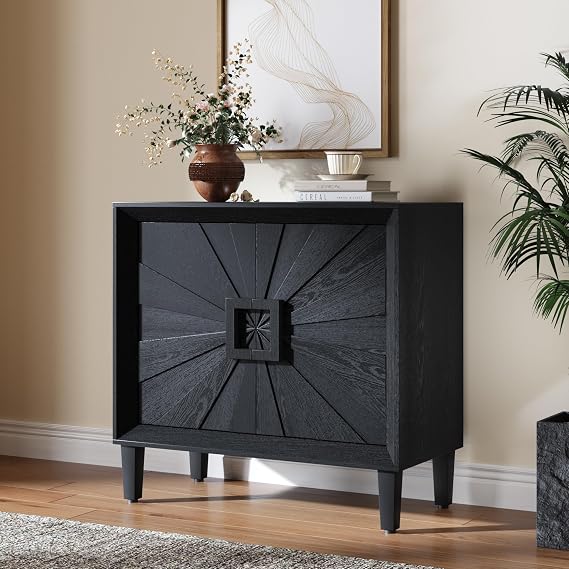 31 Inch Black Sunburst Sideboard, 2 Doors, Adjustable Shelf, Accent Cabinet