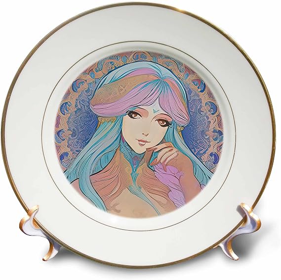 3dRose Art Nouveau woman. A beautiful lady with blue hair. Positive gift 8 inch Porcelain Plate