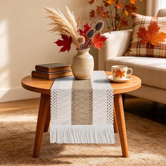 Boho Table Runner Short 48 inch, Fall Coffee Table Cover Rustic Home Decor