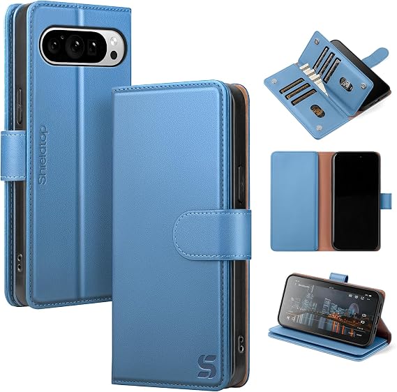 Shieldtop Compatible with Google Pixel 10 Pro XL Wallet Case with Card Holder,Women Men RFID Blocking PU Leather Phone Case Flip Shockproof TPU Protective Cover Kickstand Credit Card Slots,Light Blue