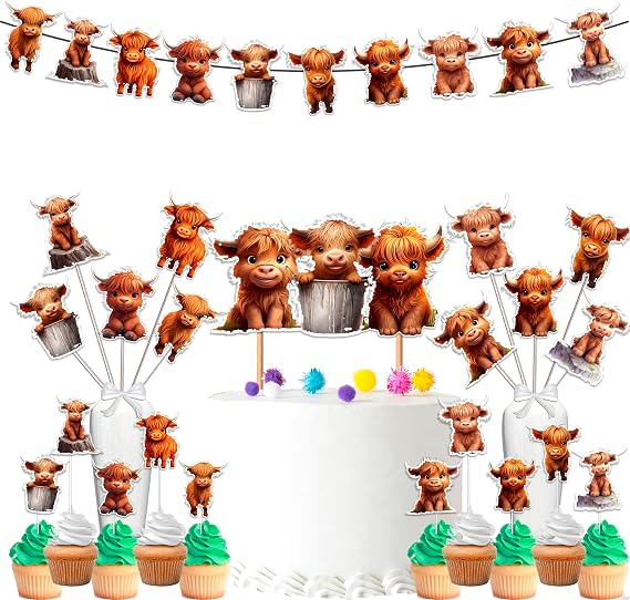 Highland Cow Baby Shower and Birthday Party Supplies Set - Banner, Centerpieces, Cupcake Toppers, Cake Topper