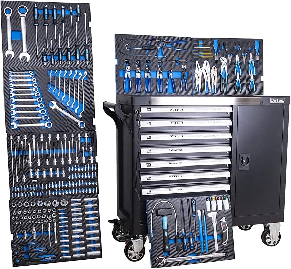 DeTec. 1077 Heavy Duty XXL Workshop Trolley 7/7 Drawers Filled with Tools Carbon Insert in Blue (Tool Trolley with Wheels Fitted with Tools XXL Format)