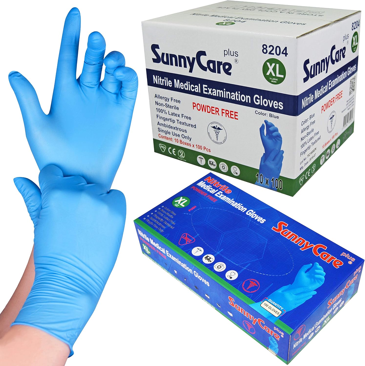 1000 SunnyCare #8204 Blue Nitrile Medical Exam Gloves Powder Free Chemo-Rated Non Vinyl Latex 100box;10boxescase Size: X-Large