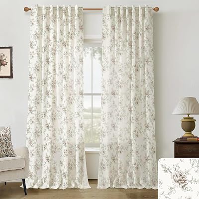 Primitive Linen Curtains 96 Inches Long 2 Panels Set,Brown Cream Beige Vintage Farmhouse Floral Sheer Patterned Prairie Antique Curtains for Living Room Bedroom
