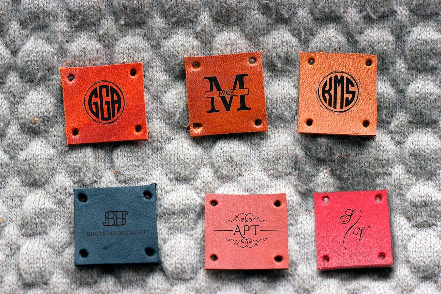 Personalized square 1x1 Full-Grain leather labels for crochet items, custom clothing labels