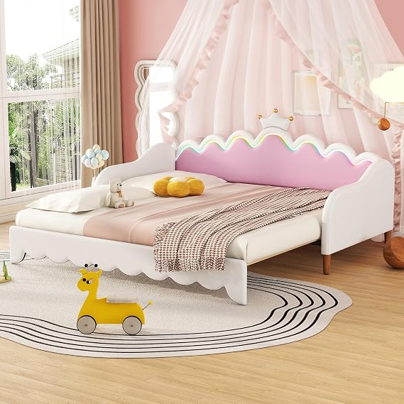 Twin Extending Daybed with LED Lights, Modern Upholstered Princess Daybed with Crown Headboard,PU Leather Upholstered Soft Princess Bed with Crown Headboard for Kids Girls Adults (White)