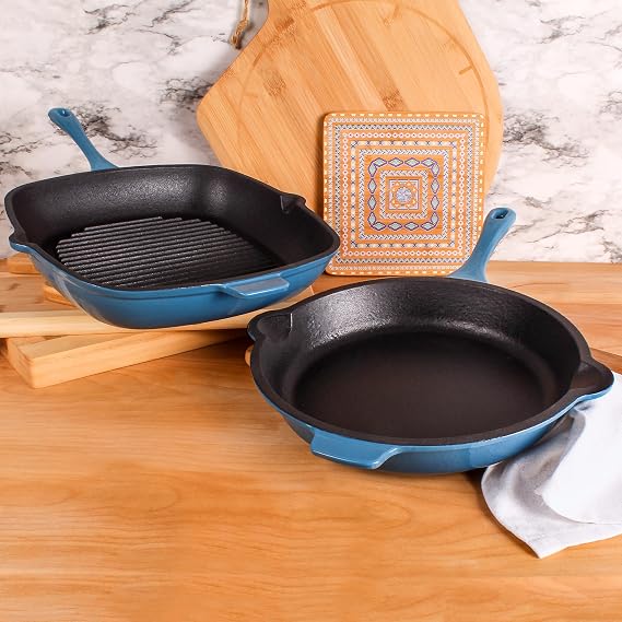 Berghoff 2Pc Enameled Cast Iron Cookware Set, 11 Grill Pan & 10 Fry Pan | 11 & 10 Inches, Induction Compatible, Stovetop to Oven, Preseasoned Cast Iron Pan Set, Pour Spout, Blue, Oven Safe 400 F