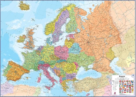 Maps International Large Europe Wall Map (political) - Front Sheet Laminated - 118.9cm (w) x 84.1cm (h)