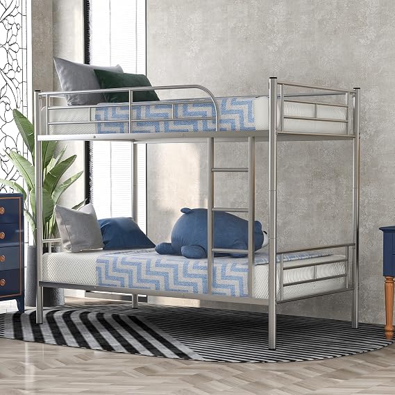 Twin Over Twin Metal Bunk Bed,Heavy-Duty Metal Bunk Bed Fame with Ladder&Full-Length Guardrails,Convertible into 2 Individual Twin Beds for Kids,Teens,and Adults,Under-Bed Storage Space,Silver