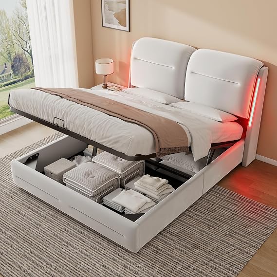 Double Bed Frame 4ft6 with LED and Lift Up Storage, Ottoman Bed Double with Thick Headboard, Beds, Frames and Bases with Slats and Metal Bedframe, Velvet, Beige, 135x190 cm, Without Mattress