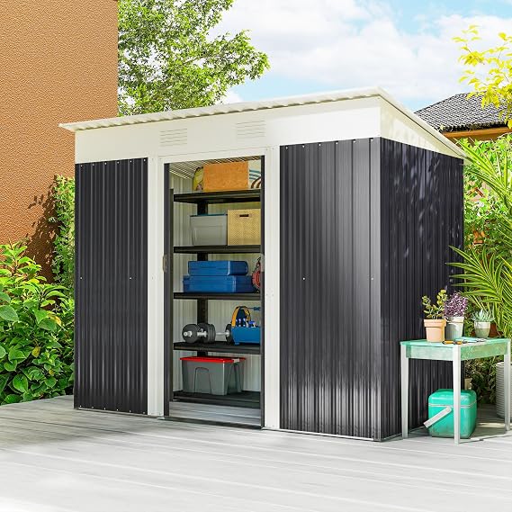 Outsunny 7' x 3.6' Metal Lean to Garden Shed, Outdoor Storage Shed, Garden Tool House with Double Sliding Doors, 2 Air Vents for Backyard, Patio, Lawn, Gray