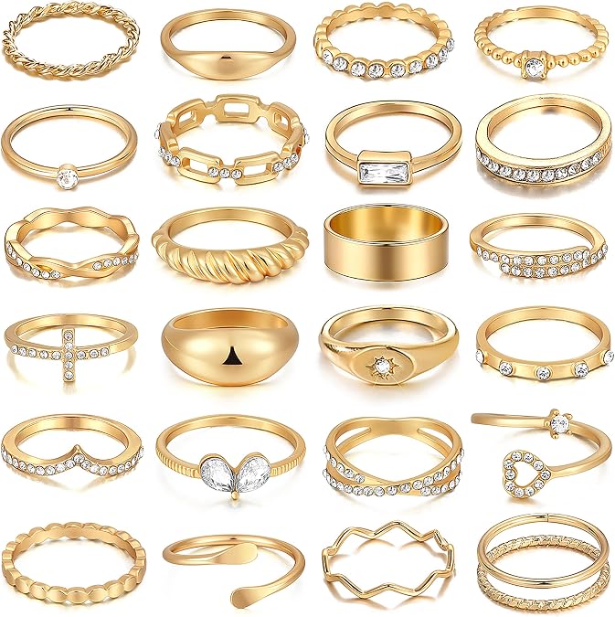 FAXHION Gold Stackable Rings Set for Women, 25 PCS Simple Twist Finger Ring