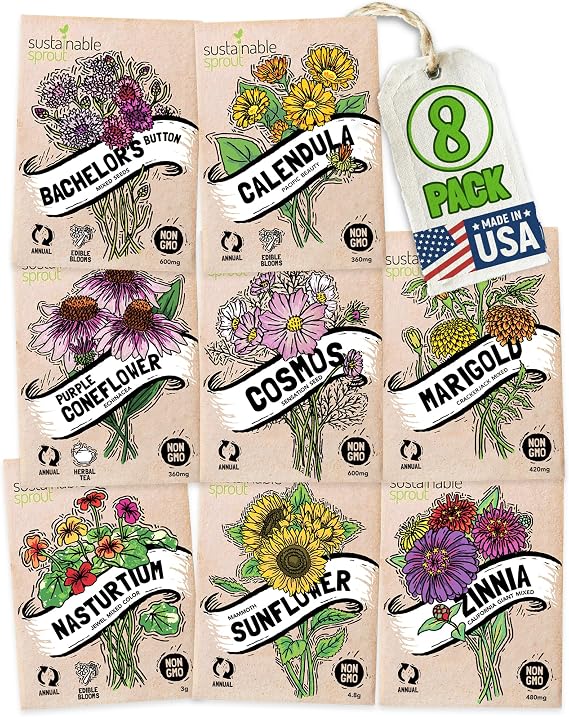 Seeds for Planting Flowers: 8 Bulk Variety Packets Zinnia, Nasturtium, Marigold, Purple Coneflower, Cosmos, Calendula, Bachelor's Button & Sunflower Seeds, Non GMO Flower Seed by Sustainable Sprout