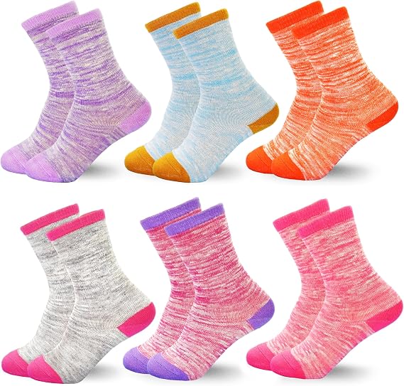 Girls Socks, 6 Pairs Mid Calf Crew Socks for Girls 1-14 Years Old