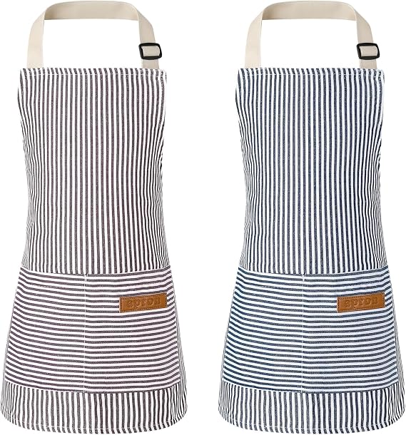 2 Pack Stripes Kids Apron, Kids Cooking Aprons with 2 Pockets, Cute Kids Aprons for Cooking Adjustable