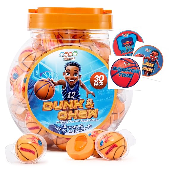 30 Basketball Candy Gummy Balls with Orange Flavored Jelly Filling, Perfect as Basketball Party Favors or Basketball Goodie Bag Fillers, By 4YoreElves