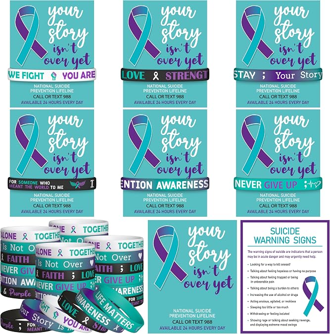 WATINC Suicide Awareness Bracelets Cards Set - 48Pack Suicide Prevention Awareness Purple Ribbon Silicone Wristbands Cardboard Gifts, Motivational Rubber Bracelet with Encourage Card Stock for Men Women