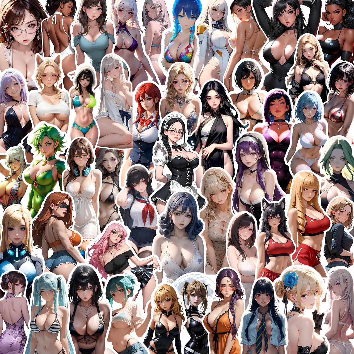 Anime Waifu Stickers 50 PCS 3-Inch | Cute Anime Girl Characters | Large Size Stickers | Decals for Car Mirrors, Laptop, Water Bottles | Waterproof Vinyl Stickers | Aesthetic Scrapbook Stickers