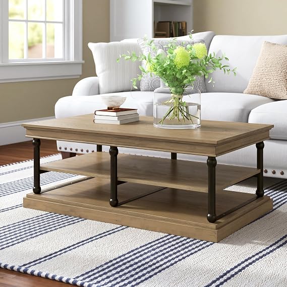 Christopher Knight Home Oner Living Room Coffee Table with Spacious 2-Tier Design, Modern Rubberwood Rectangular Side Table, Multifunctional Accent Table with Open Storage Shelves, Black + Brown