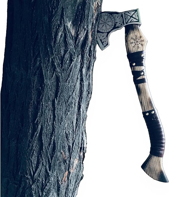 [Dark Warrior] Handmade Forged Carbon Steel Aegishjalmr Viking Axe with Sheath - Traditional Norse Bearded Axe Hatchet - 'Helm of Awe' Symbol Hand Craved Solid Handle (Aegishjalmr Viking Axe 22")