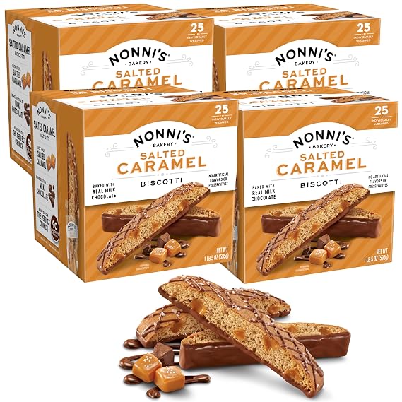 Nonni's Salted Caramel Milk Chocolate Biscotti Cookies Individually Wrapped Italian Coffee Snack, Crunchy Twice-Baked, 90 Cal Each, 21 oz Carton, 4 Pack