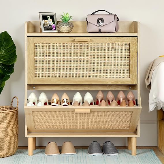 Finnhomy Extended Edition Shoe Cabinet with Natural Rattan Flip Drawers for Entryway, Free Standing 2 Tier Slim Shoe Organizer with Large Top Board, Shoe Cabinet with 3-Gear Adjustable Width Drawers