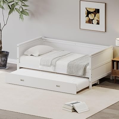 Twin Daybed with Trundle,Wood Sofa Bed Frame with Armrest,Classic Day Bed for Living Room,Bedroom,Noise Free,No Box Spring Needed White-Trundle