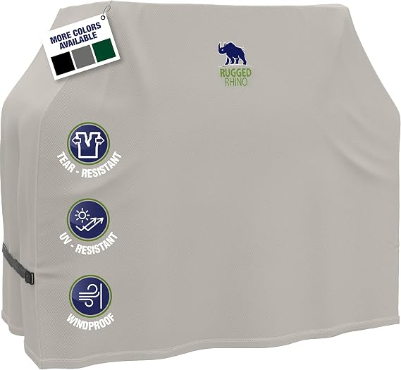 RUGGED RHINO 58 Inch Heavy Duty Grill Cover for Outdoor Grills, All Season Three Layer Waterproof UV Resistant Windproof Gas BBQ Covers, Compatible for Weber Char-Broil Pit Boss Traeger and More Beige